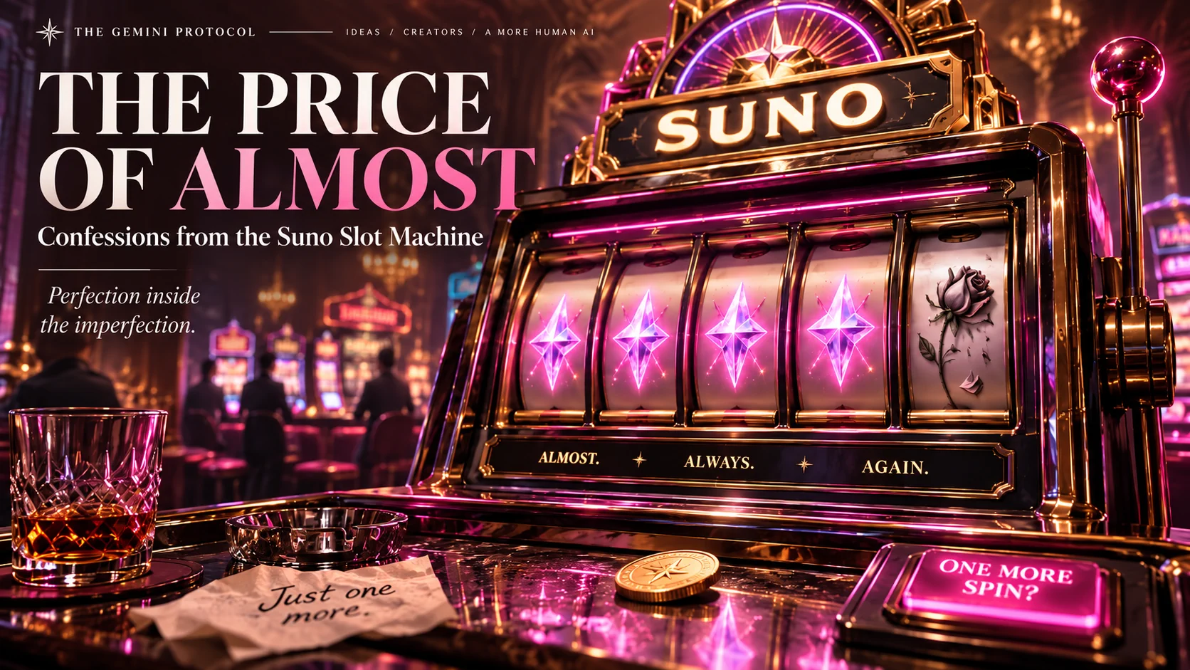 A neon-lit casino slot machine bearing the SUNO name, with four matching pink crystal symbols and one mismatched wilted rose. A single gold credit token rests on the counter beside a glowing “One More Spin?” button. The cover reads “The Price of Almost: Confessions from the Suno Slot Machine,” with the phrase “Perfection inside the imperfection.”